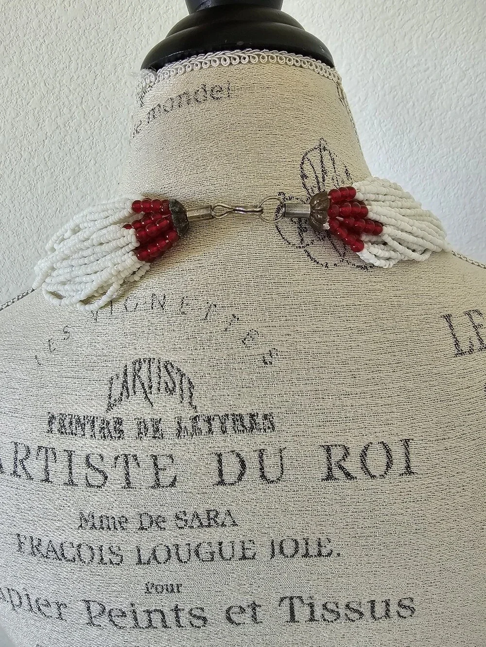 Vintage Naga Style Multi Strand Glass Seed Bead Necklace Red White Tribal